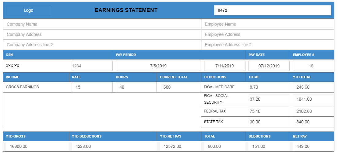 paystub templates with blue color